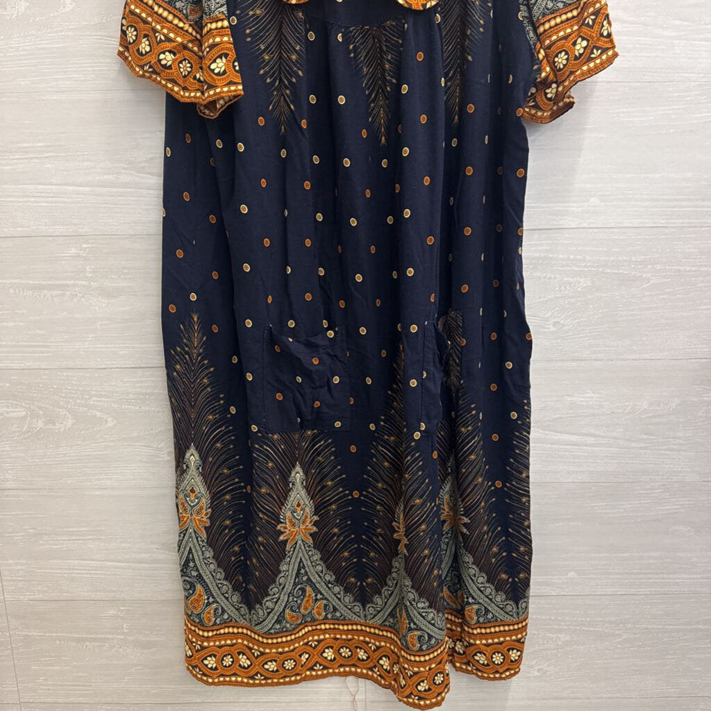 Ekouaer Navy/ Brown Print Short Sleeve Dress XXXL