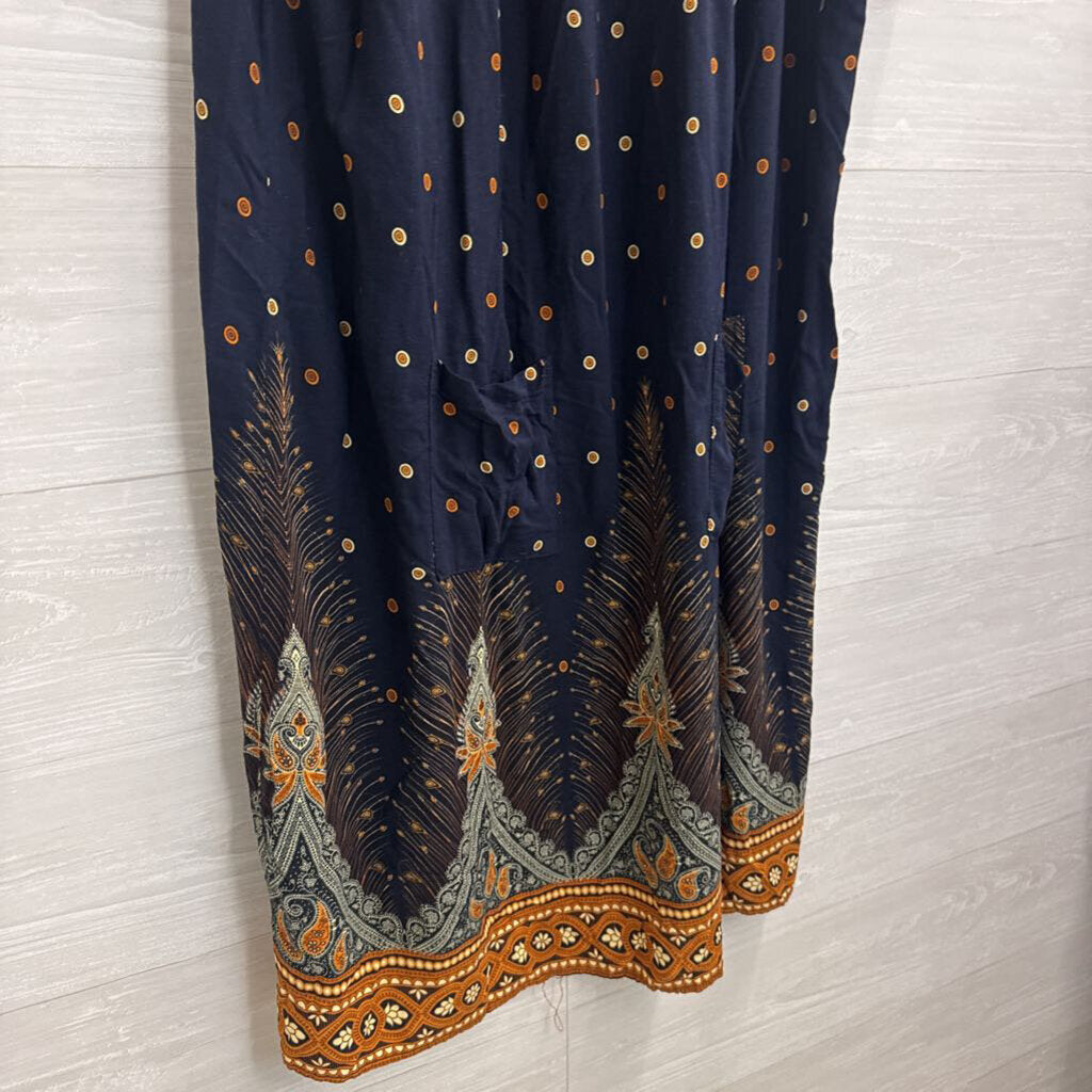 Ekouaer Navy/ Brown Print Short Sleeve Dress XXXL
