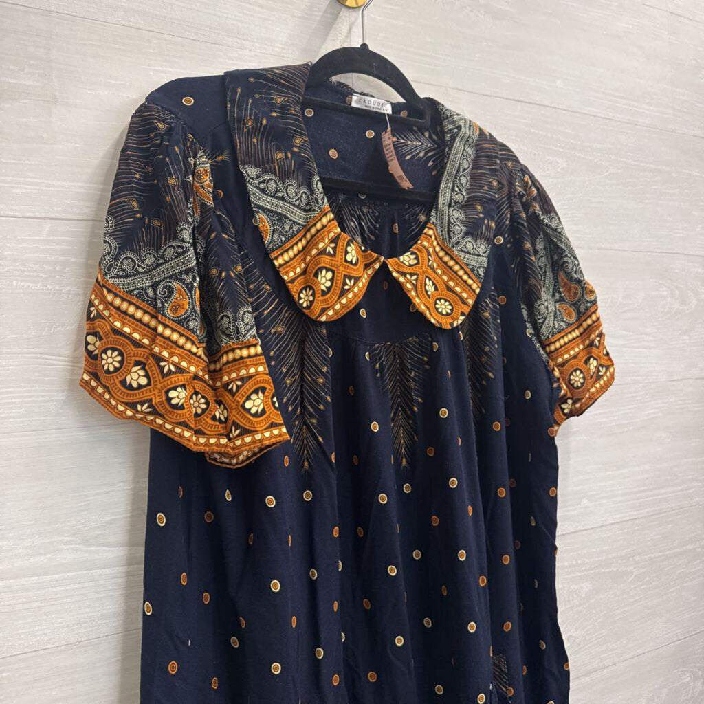 Ekouaer Navy/ Brown Print Short Sleeve Dress XXXL
