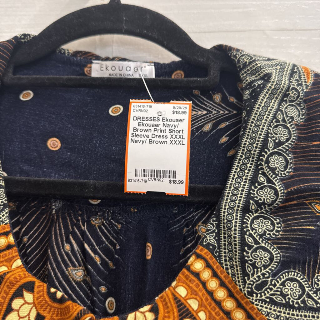 Ekouaer Navy/ Brown Print Short Sleeve Dress XXXL