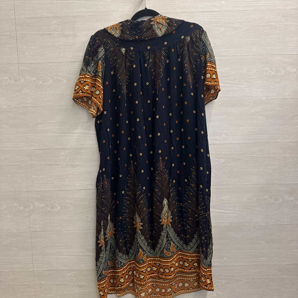 Ekouaer Navy/ Brown Print Short Sleeve Dress XXXL