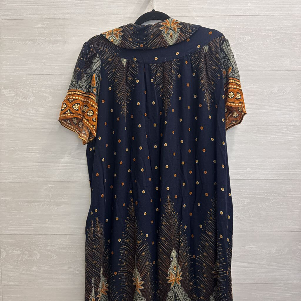 Ekouaer Navy/ Brown Print Short Sleeve Dress XXXL