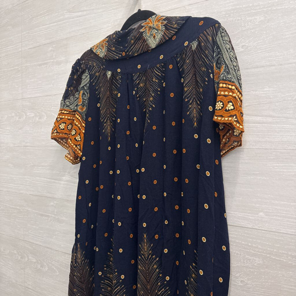 Ekouaer Navy/ Brown Print Short Sleeve Dress XXXL