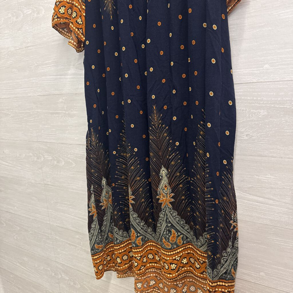 Ekouaer Navy/ Brown Print Short Sleeve Dress XXXL