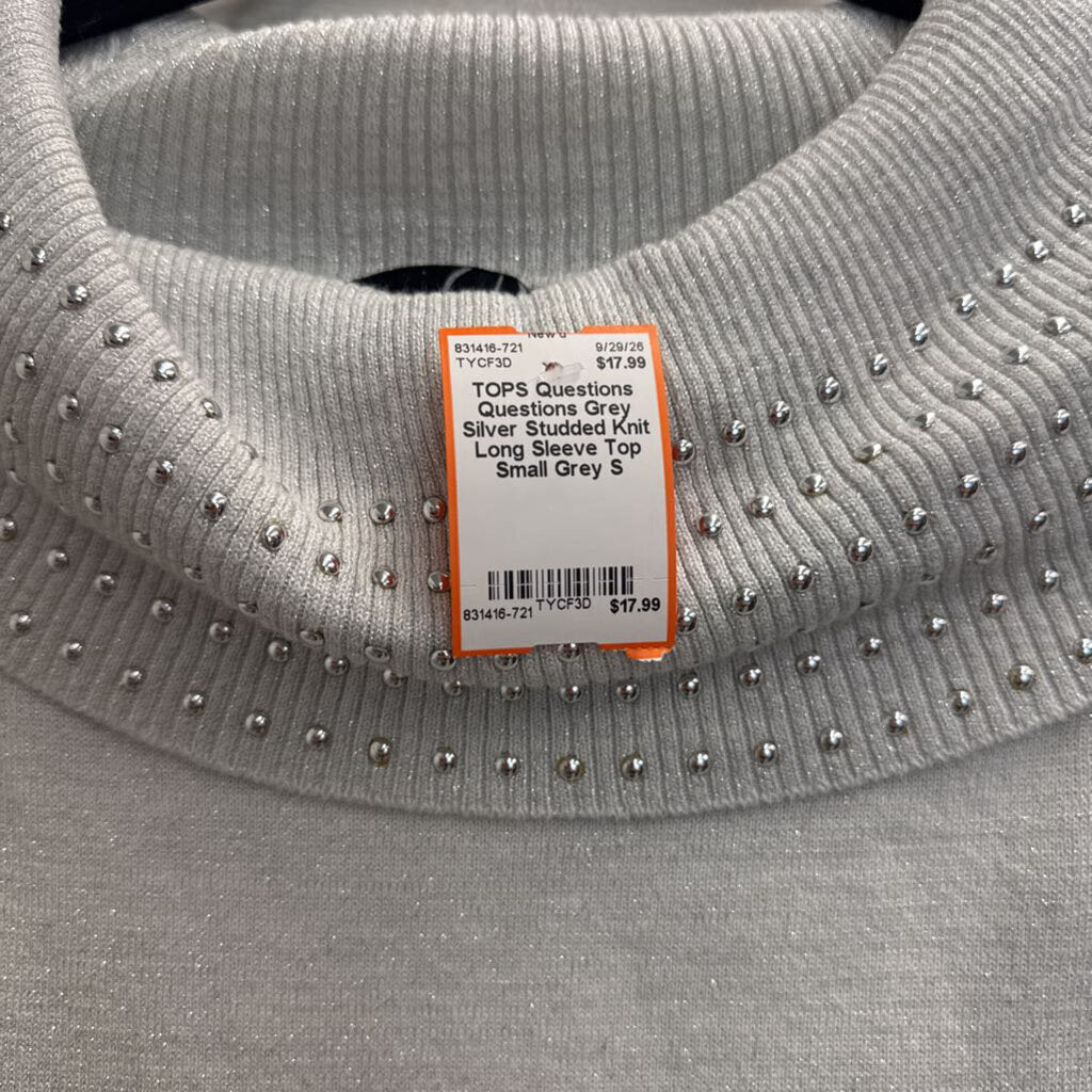 Questions Grey Silver Studded Knit Long Sleeve Top Small