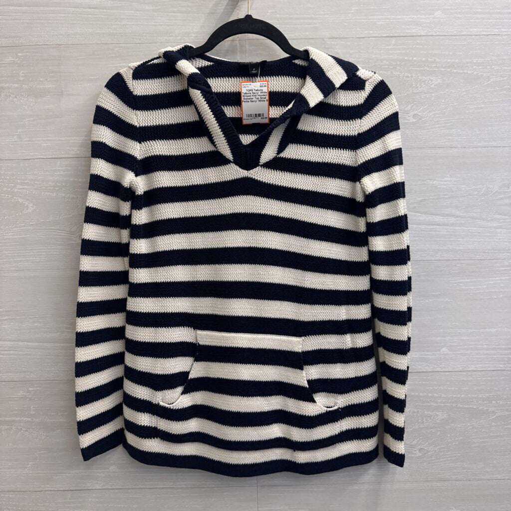Talbots Navy/ White Striped Knit Hooded Sweater Top Small Petite