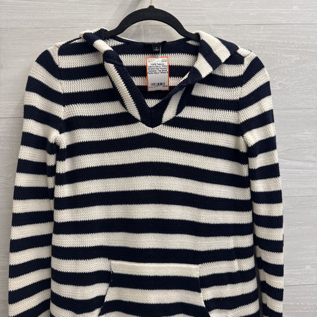 Talbots Navy/ White Striped Knit Hooded Sweater Top Small Petite