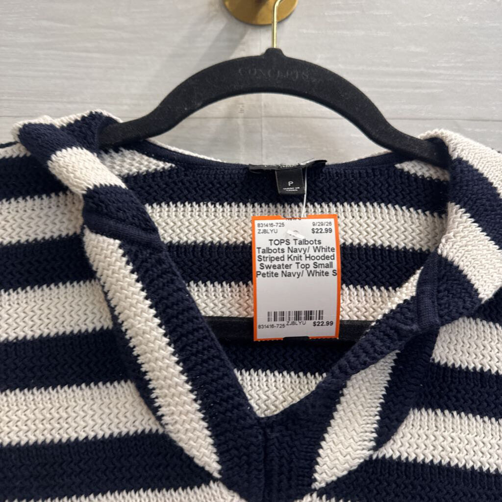 Talbots Navy/ White Striped Knit Hooded Sweater Top Small Petite