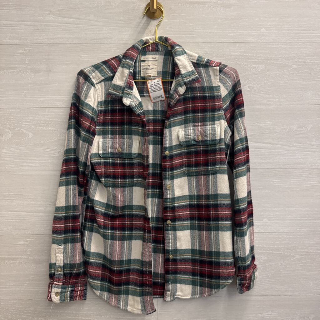 American Eagle White/ Green/ Red Plaid Long Sleeve Button Down Top Medium