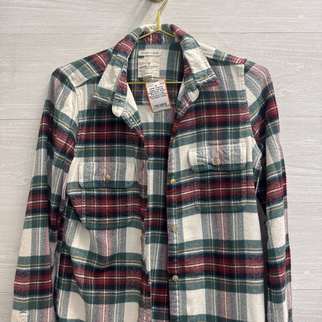 American Eagle White/ Green/ Red Plaid Long Sleeve Button Down Top Medium