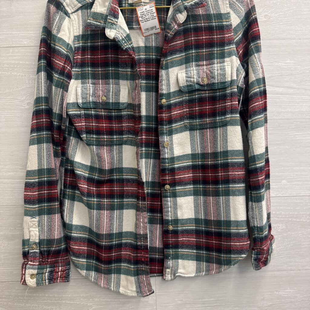 American Eagle White/ Green/ Red Plaid Long Sleeve Button Down Top Medium
