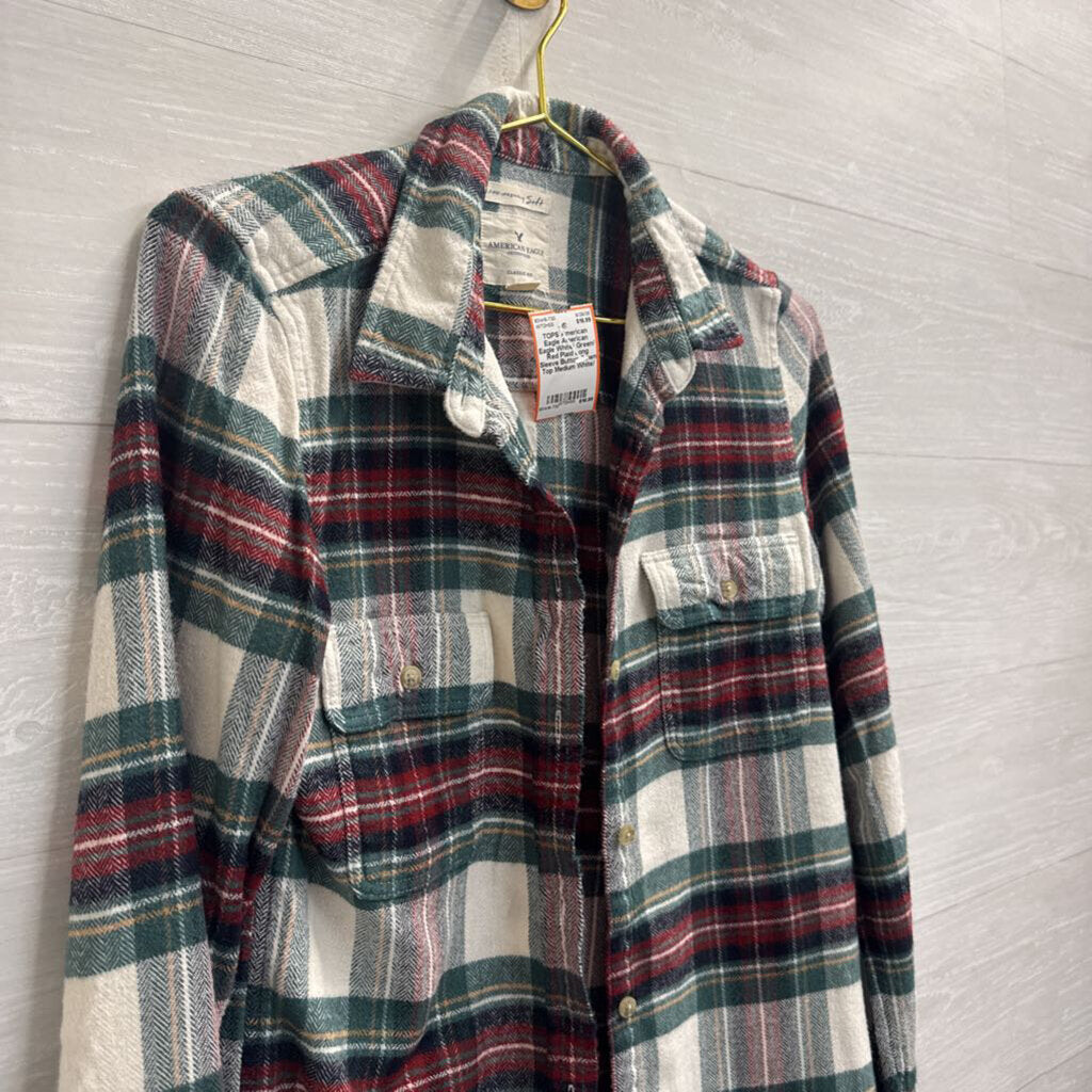 American Eagle White/ Green/ Red Plaid Long Sleeve Button Down Top Medium