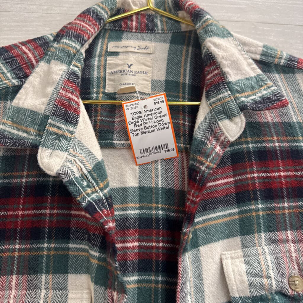 American Eagle White/ Green/ Red Plaid Long Sleeve Button Down Top Medium