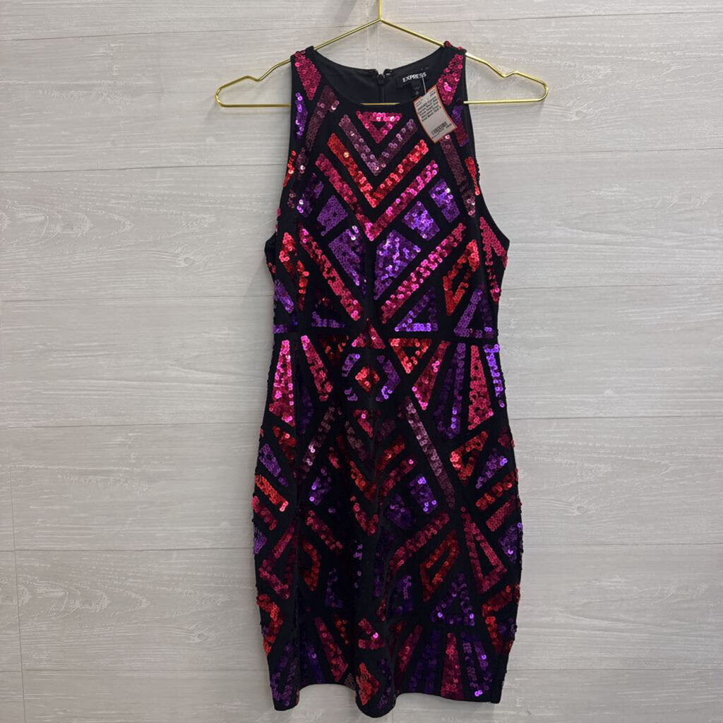 Express Black/ Pink/ Purple Sequin Print Sleeveless Dress Small