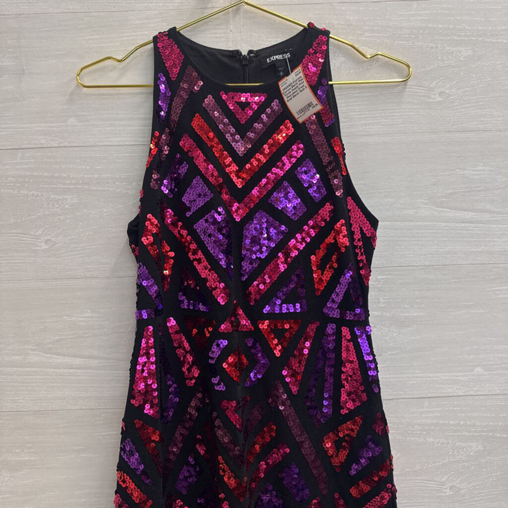 Express Black/ Pink/ Purple Sequin Print Sleeveless Dress Small