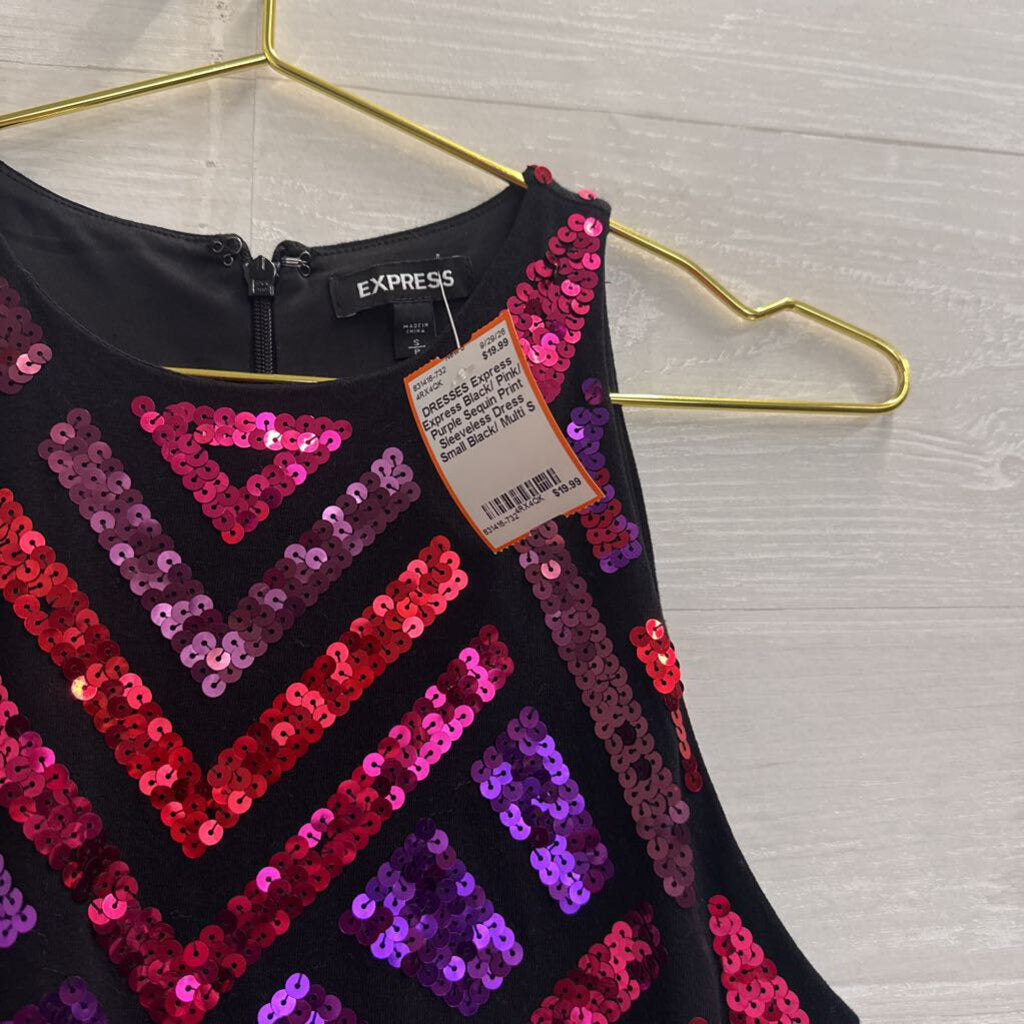 Express Black/ Pink/ Purple Sequin Print Sleeveless Dress Small