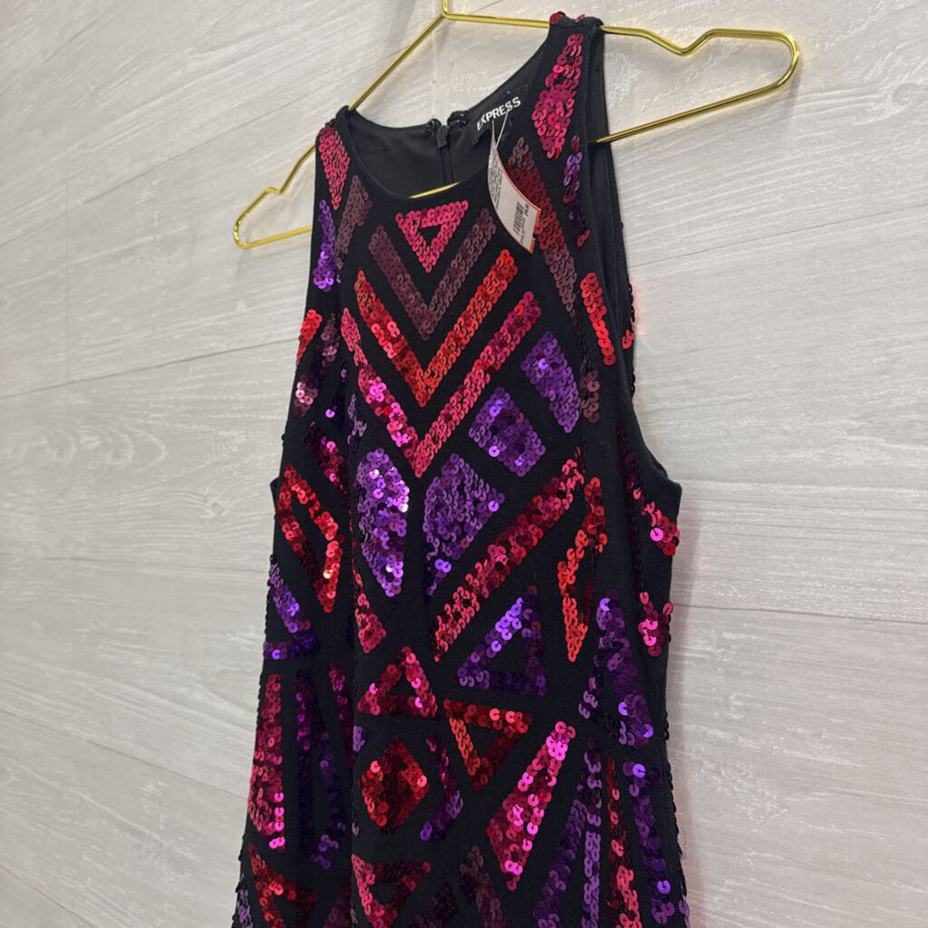 Express Black/ Pink/ Purple Sequin Print Sleeveless Dress Small