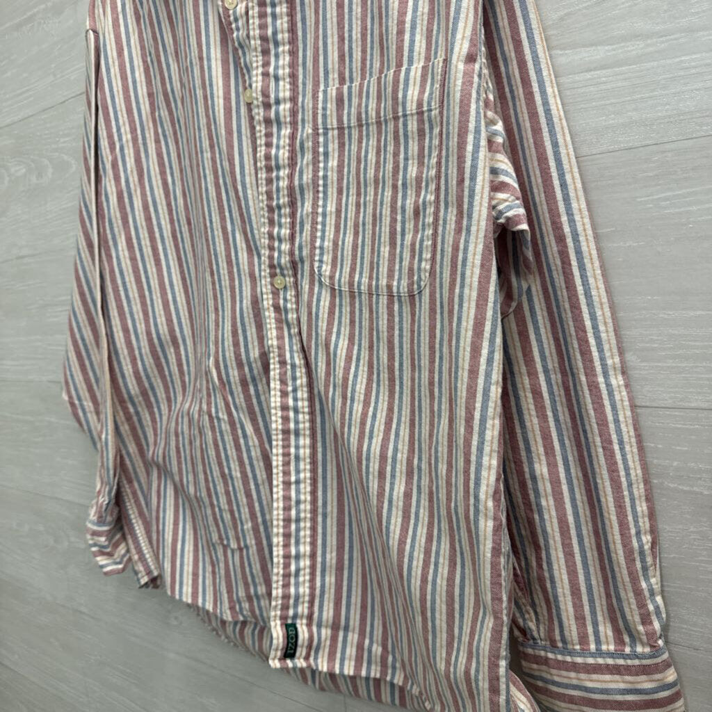 Izod White/ Multi Striped Long Sleeve Button Down Top Large