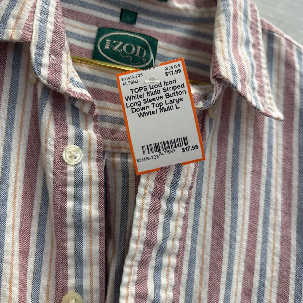 Izod White/ Multi Striped Long Sleeve Button Down Top Large