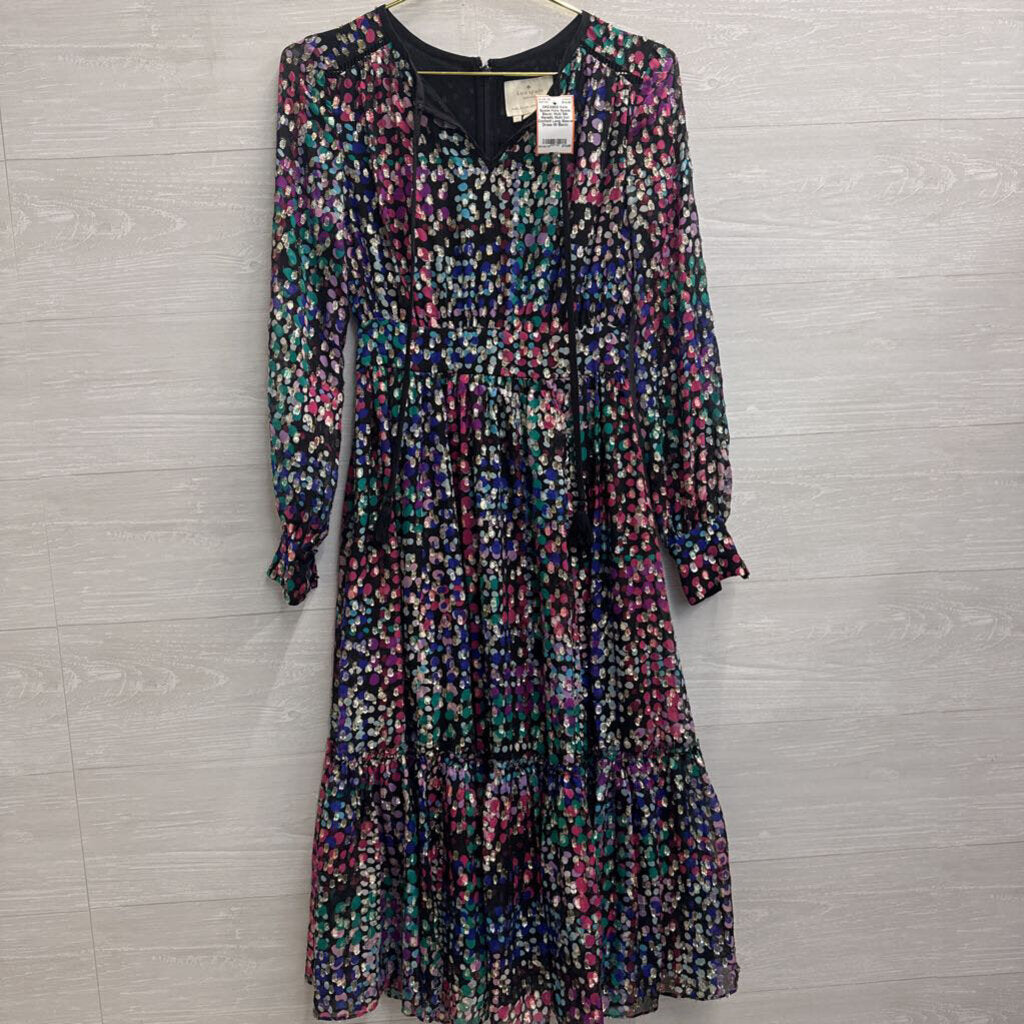 Kate Spade Black/ Multi Silk Metallic Multi Dot Confetti Long Sleeve Dress 00