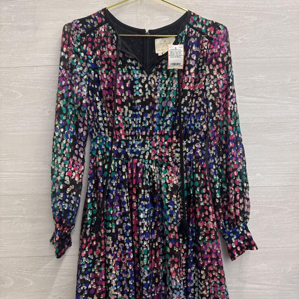 Kate Spade Black/ Multi Silk Metallic Multi Dot Confetti Long Sleeve Dress 00
