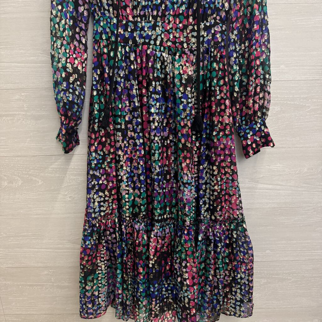 Kate Spade Black/ Multi Silk Metallic Multi Dot Confetti Long Sleeve Dress 00