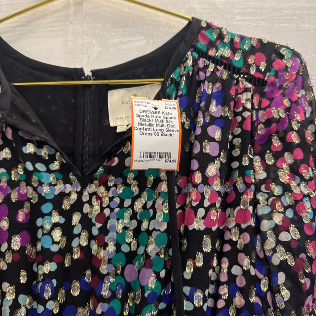 Kate Spade Black/ Multi Silk Metallic Multi Dot Confetti Long Sleeve Dress 00