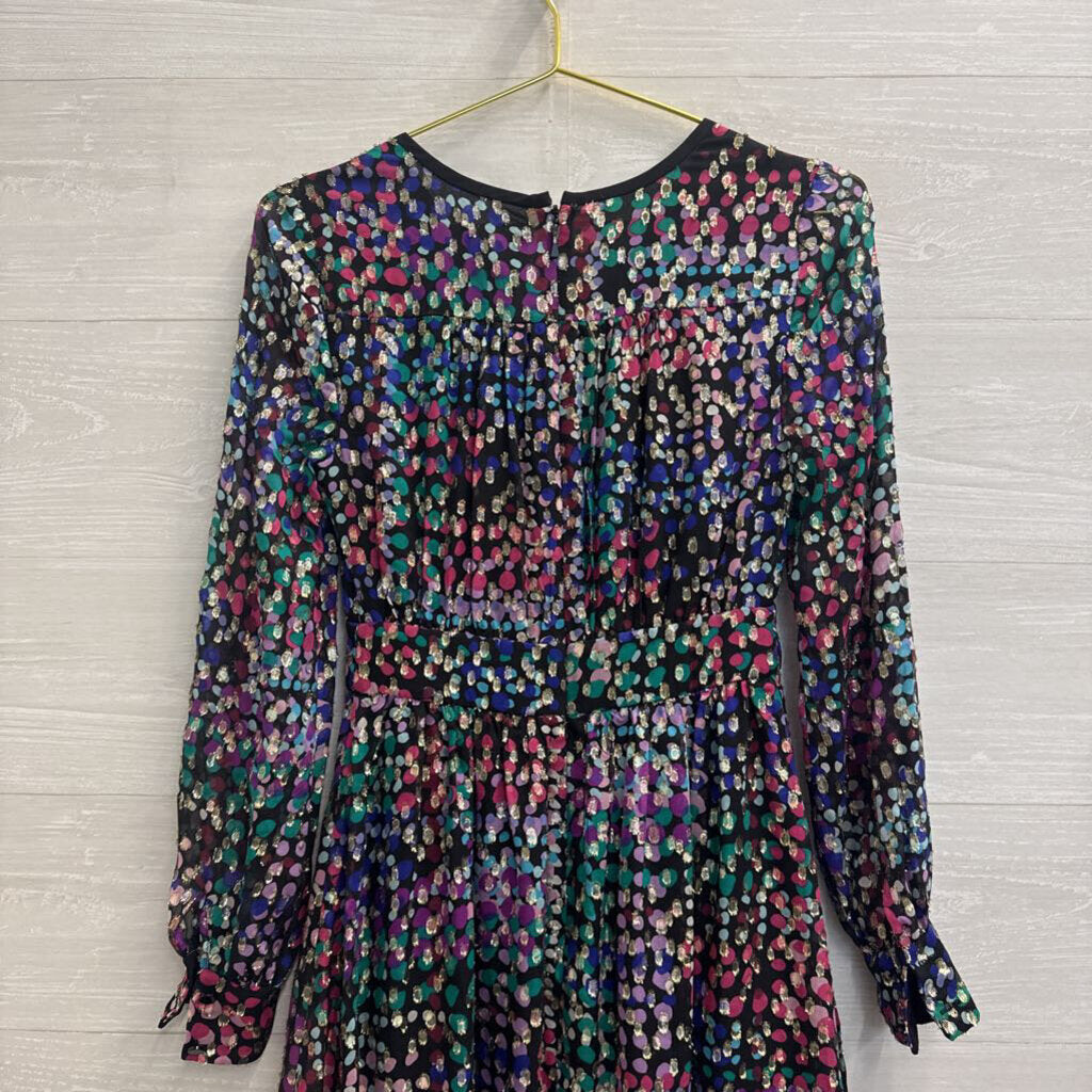 Kate Spade Black/ Multi Silk Metallic Multi Dot Confetti Long Sleeve Dress 00
