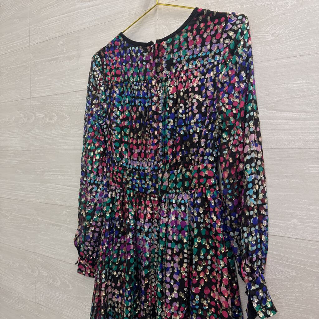 Kate Spade Black/ Multi Silk Metallic Multi Dot Confetti Long Sleeve Dress 00