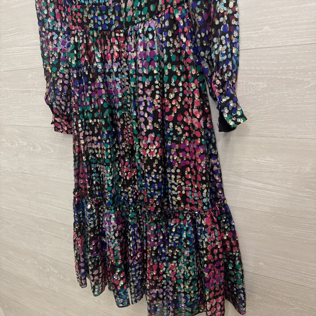 Kate Spade Black/ Multi Silk Metallic Multi Dot Confetti Long Sleeve Dress 00