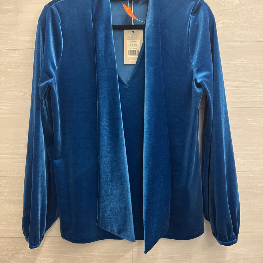 Boden Blue Velour Tie Front Long Sleeve V Neck Top 6