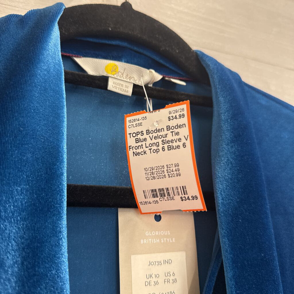 Boden Blue Velour Tie Front Long Sleeve V Neck Top 6