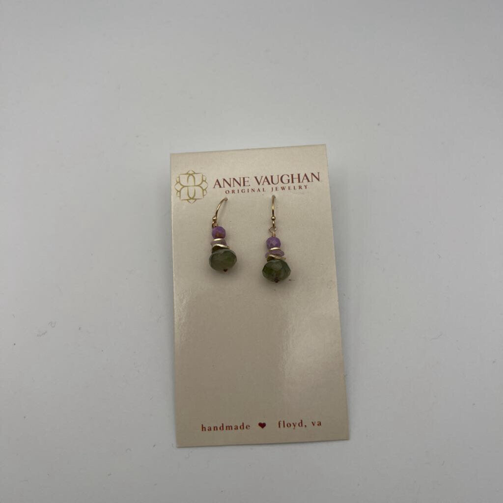 Anne Vaughan Green/ Purple Stone Dainty Drop Earrings