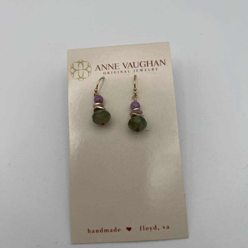 Anne Vaughan Green/ Purple Stone Dainty Drop Earrings