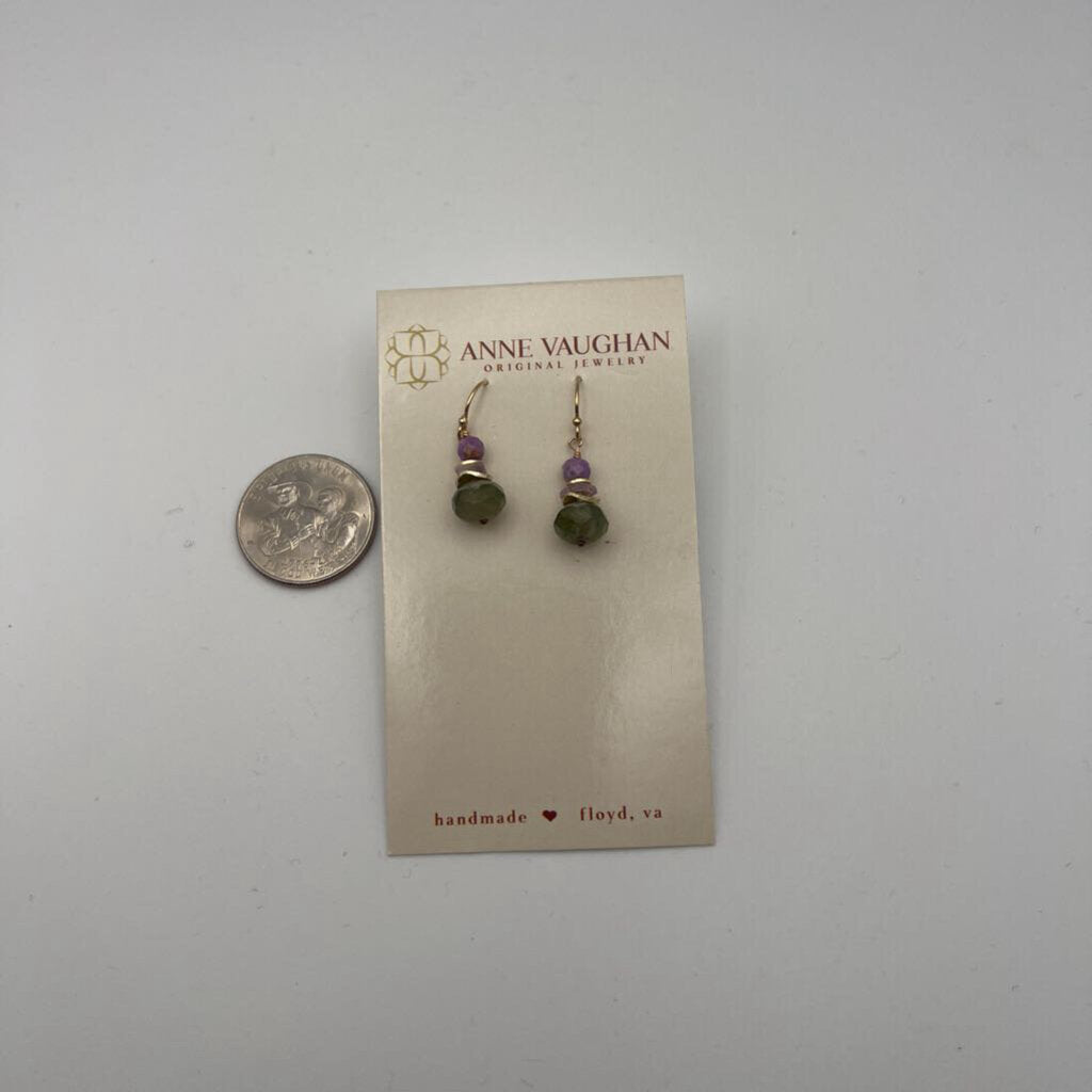 Anne Vaughan Green/ Purple Stone Dainty Drop Earrings