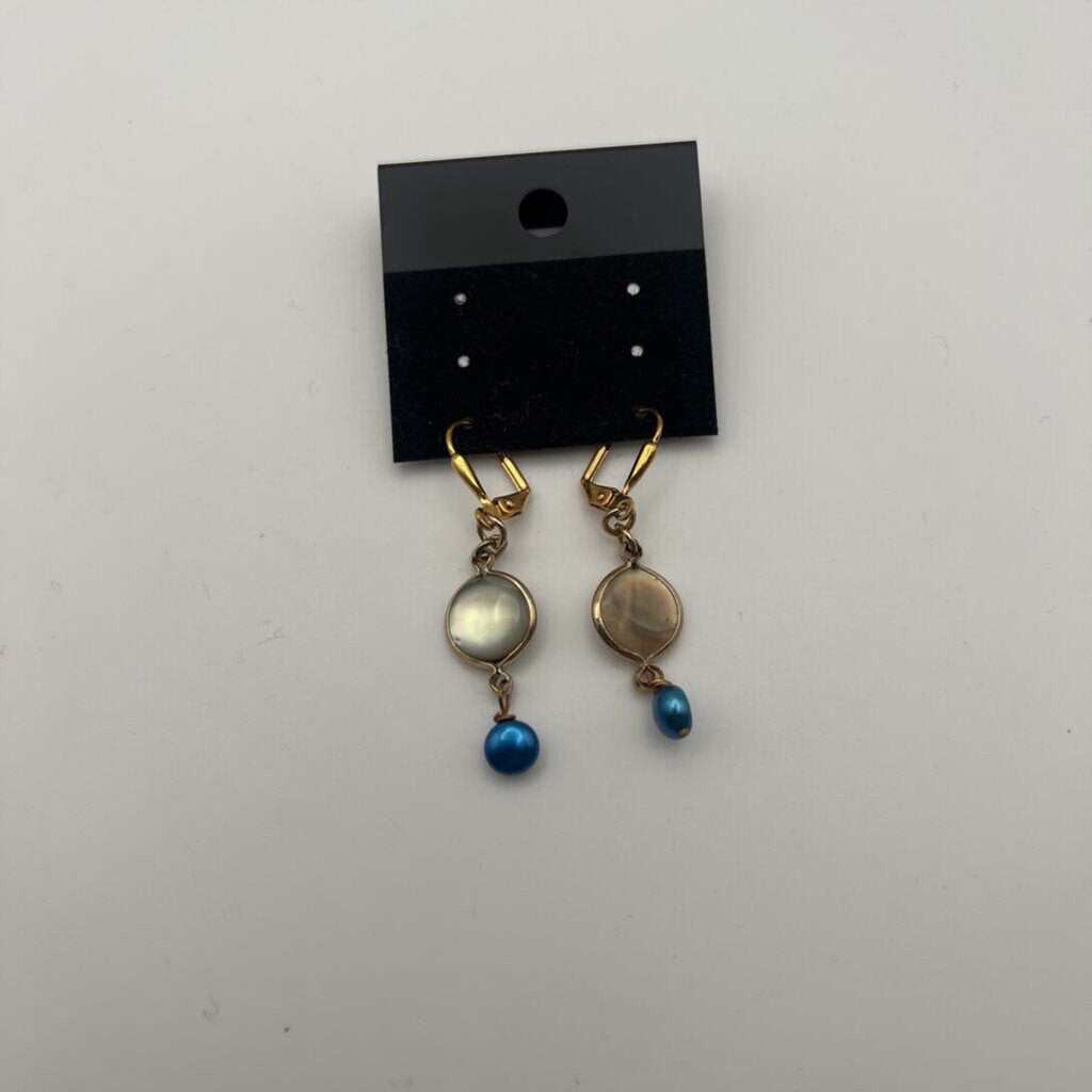 Gold White/ Blue Stone Drop Earrings
