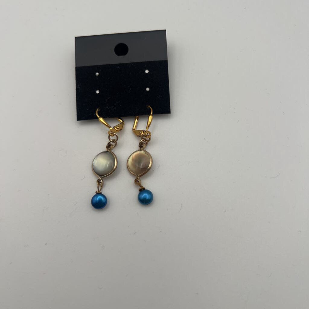 Gold White/ Blue Stone Drop Earrings