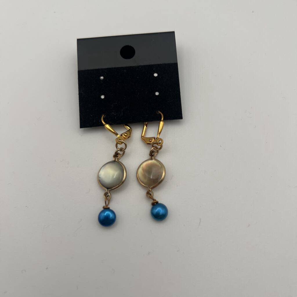 Gold White/ Blue Stone Drop Earrings