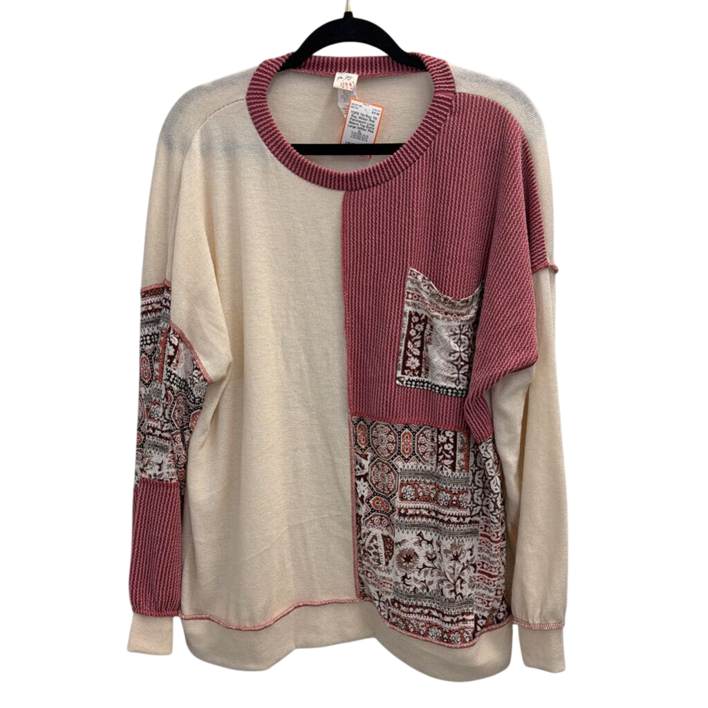 7th Ray White/ Pink Patchwork Long Sleeve Top Extra Large