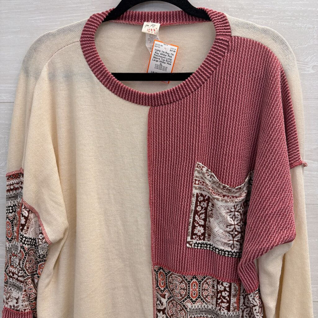 7th Ray White/ Pink Patchwork Long Sleeve Top Extra Large