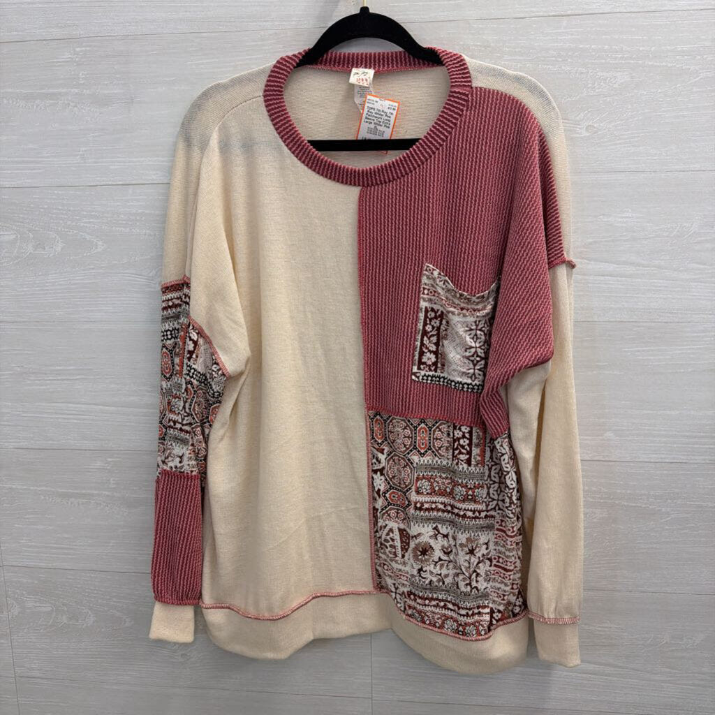 7th Ray White/ Pink Patchwork Long Sleeve Top Extra Large