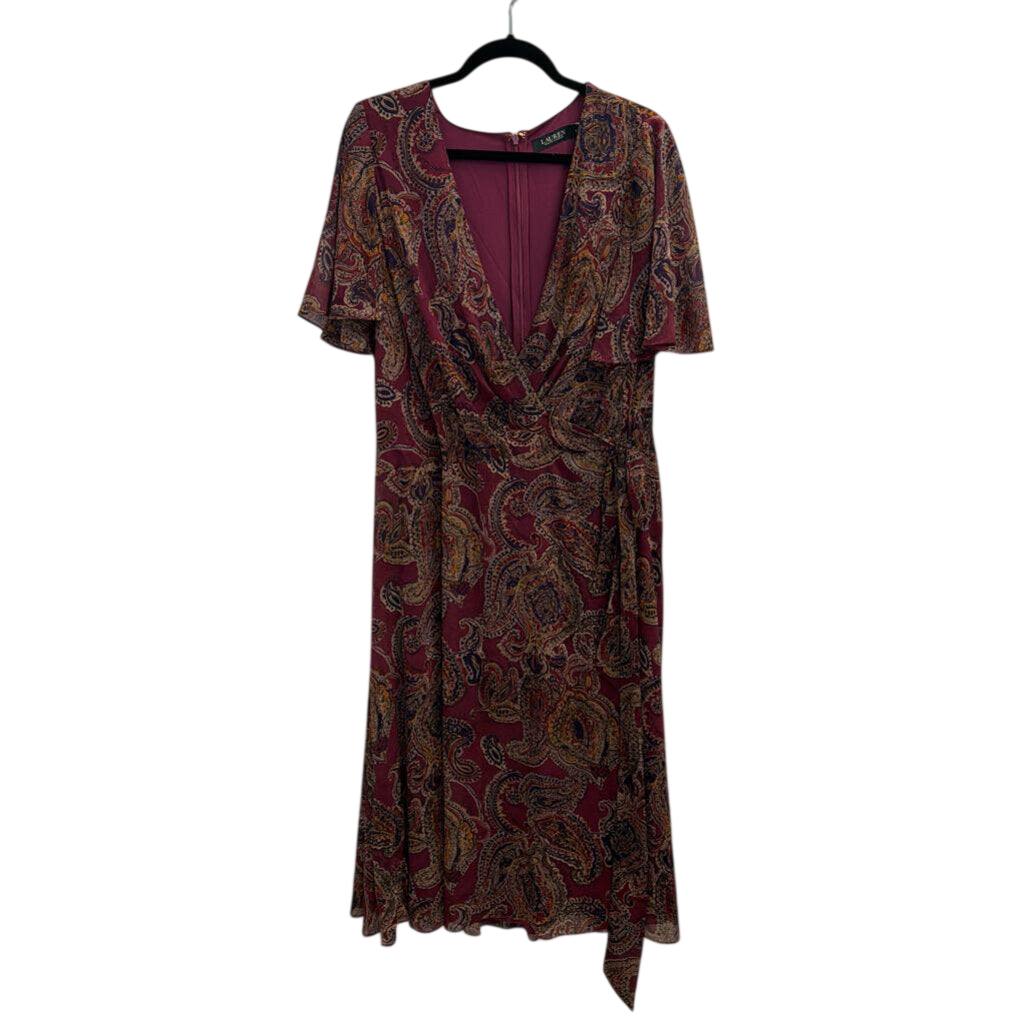 Ralph Lauren Purple/ Multi Print Short Sleeve Faux Wrap Dress 16