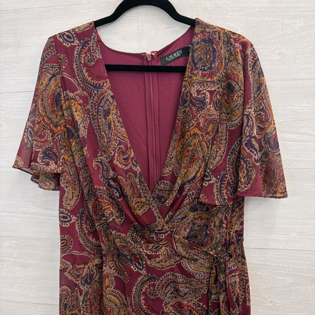 Ralph Lauren Purple/ Multi Print Short Sleeve Faux Wrap Dress 16