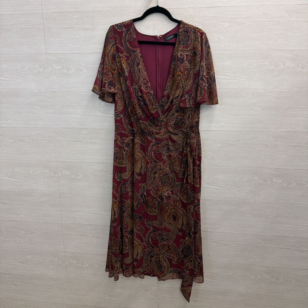Ralph Lauren Purple/ Multi Print Short Sleeve Faux Wrap Dress 16