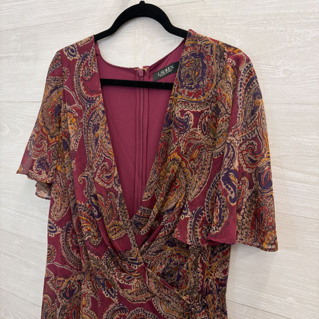 Ralph Lauren Purple/ Multi Print Short Sleeve Faux Wrap Dress 16