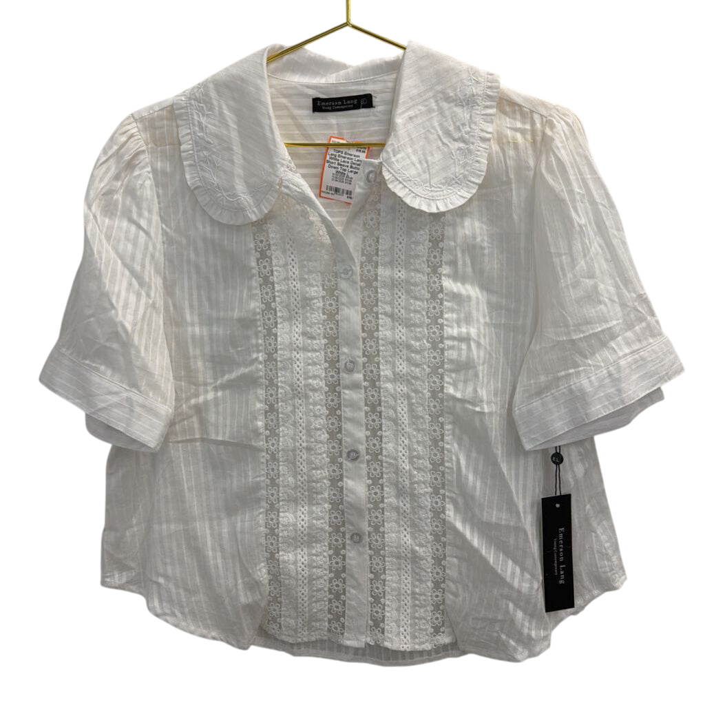 Emerson Lang White Lace Detail Short Sleeve Button Down Top Large