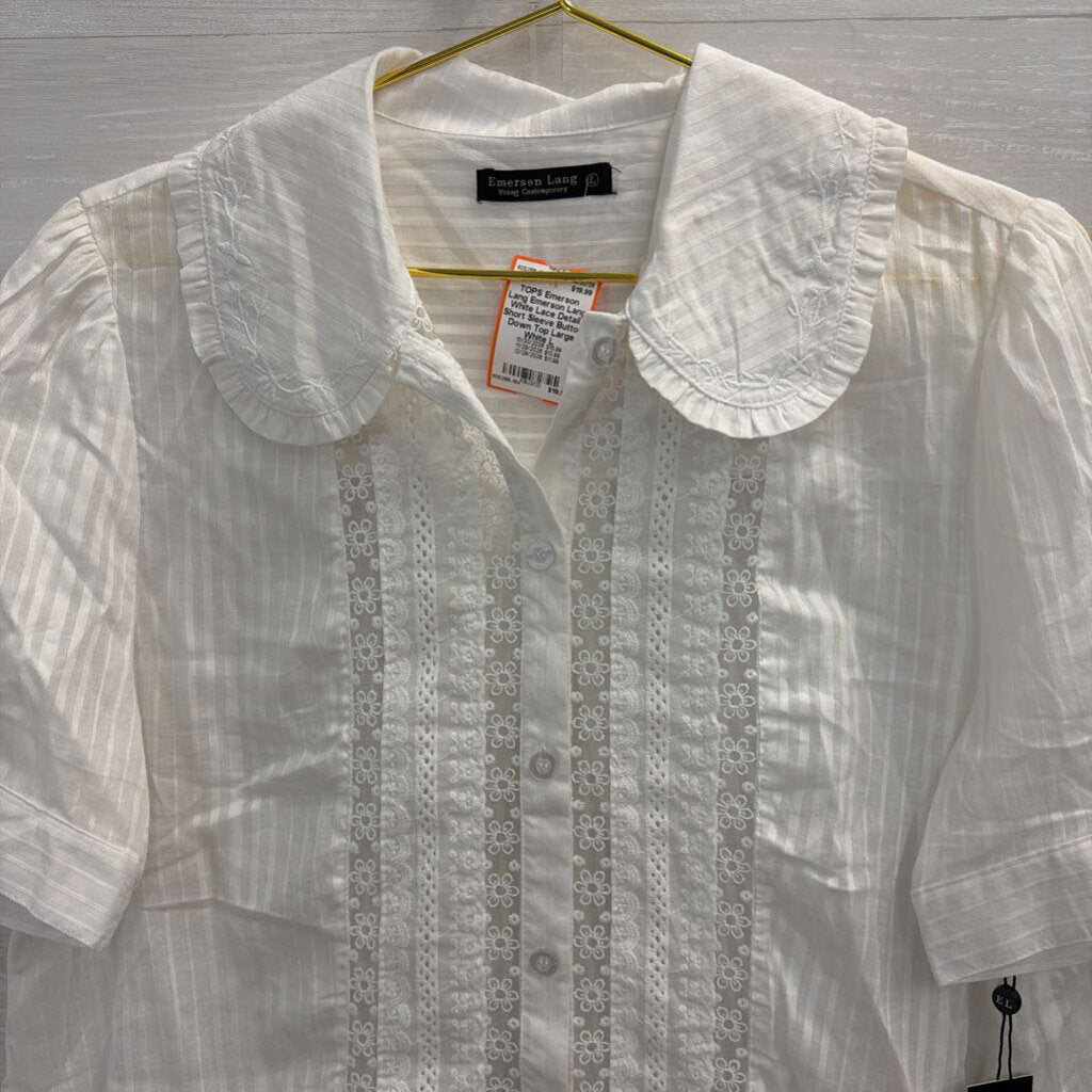 Emerson Lang White Lace Detail Short Sleeve Button Down Top Large