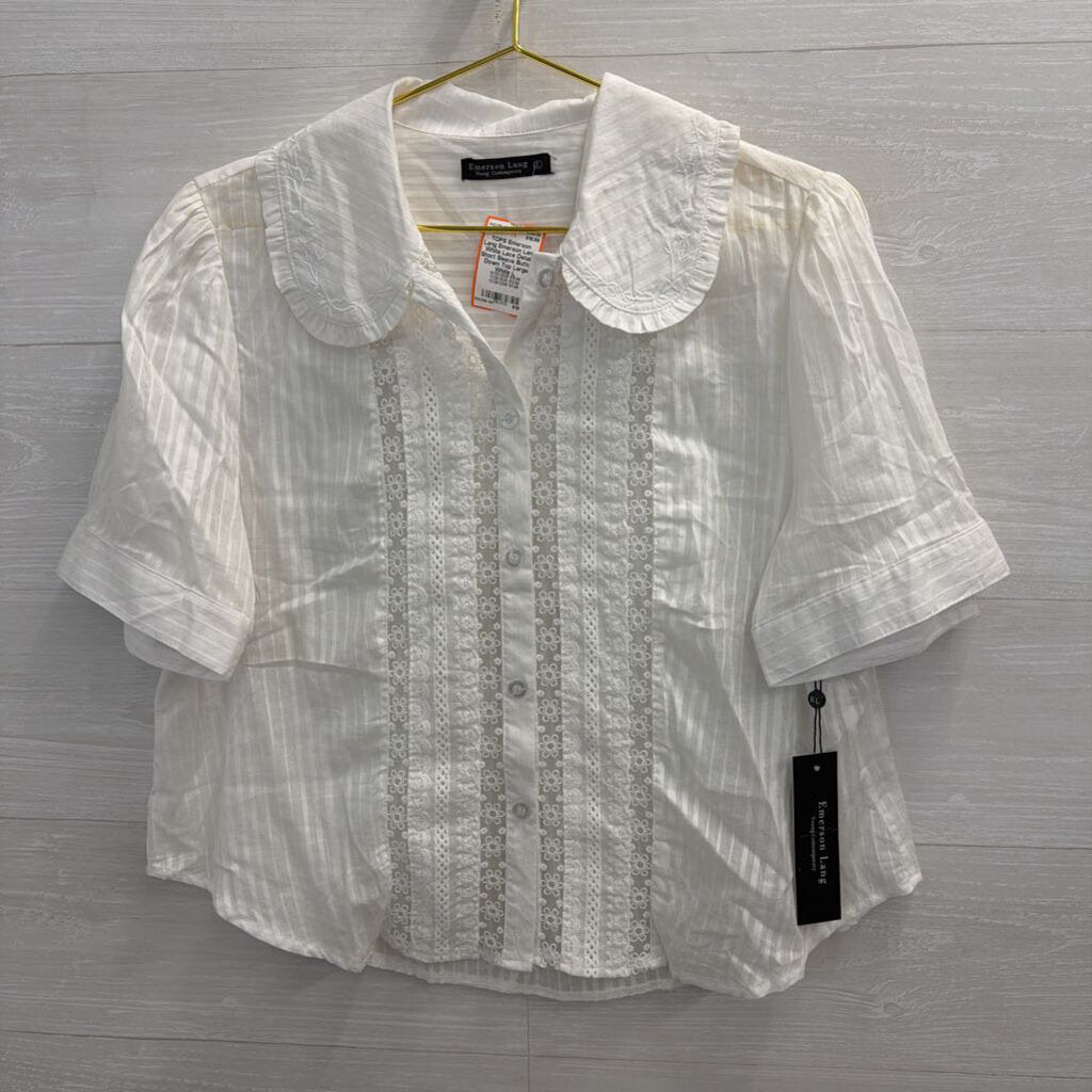 Emerson Lang White Lace Detail Short Sleeve Button Down Top Large