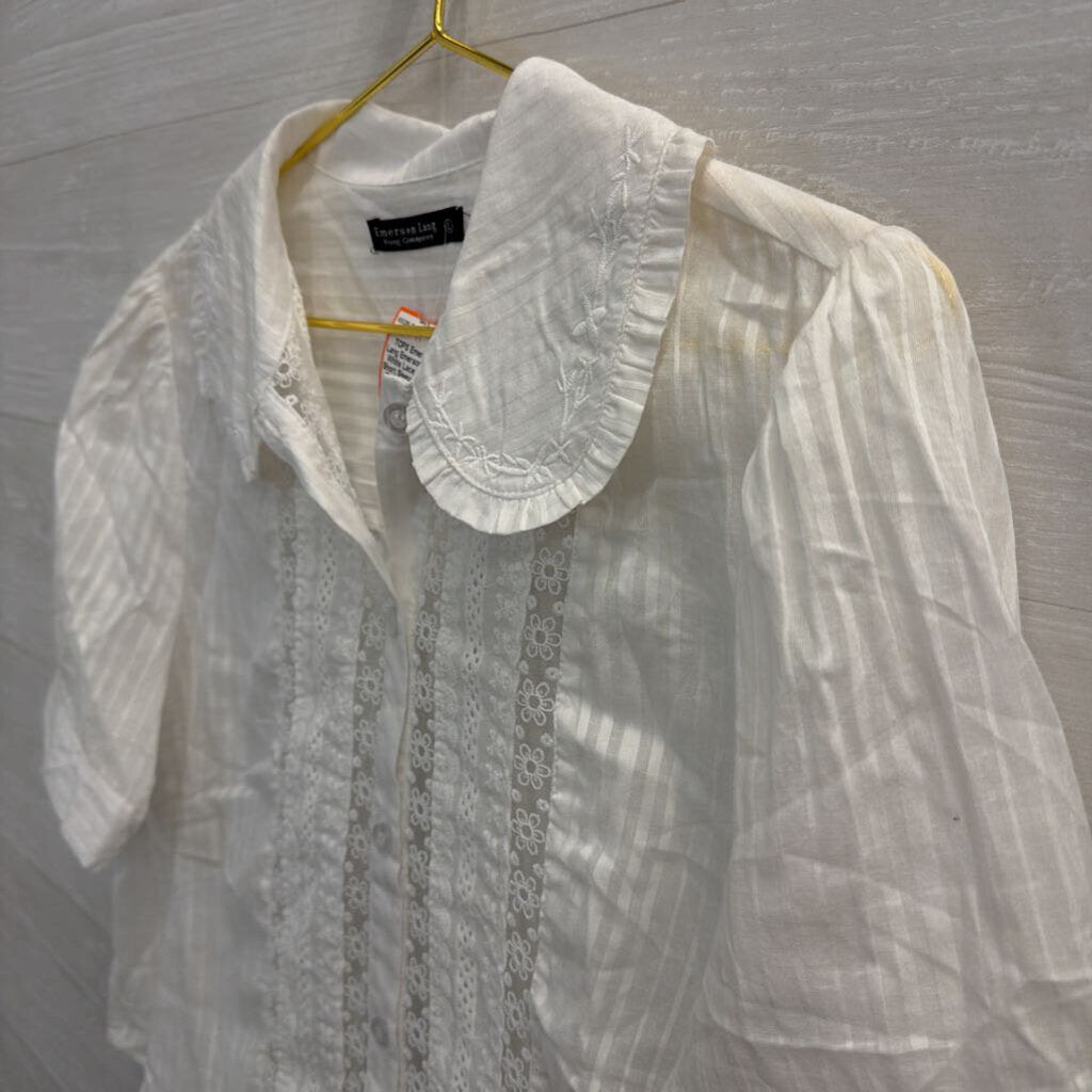 Emerson Lang White Lace Detail Short Sleeve Button Down Top Large
