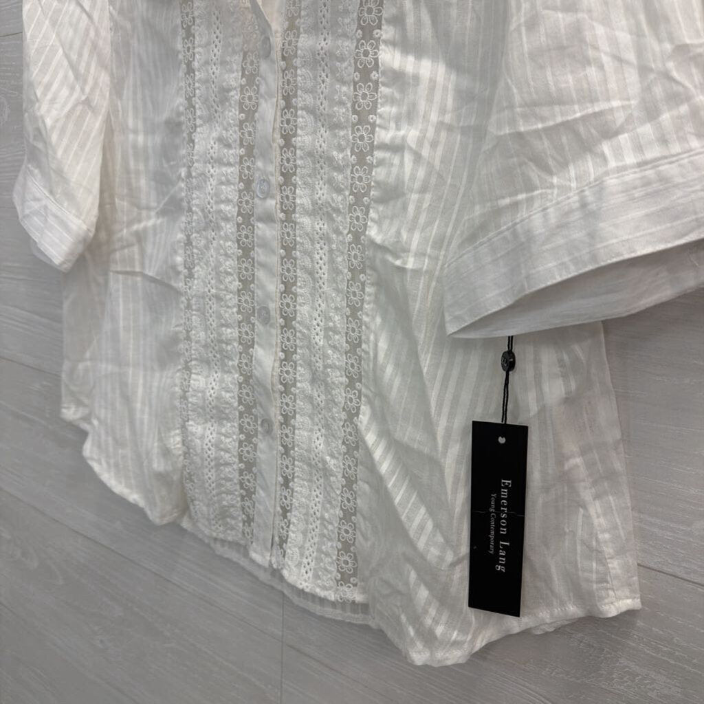 Emerson Lang White Lace Detail Short Sleeve Button Down Top Large